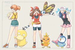 3girls :d arms_behind_back bandana beautifly bike_shorts black_gloves black_shirt black_shorts black_socks blue_eyes blue_hair blue_shorts boots brown_hair closed_eyes closed_mouth crop_top dawn_(pokemon) fanny_pack full_body gen_1_pokemon gen_2_pokemon gen_3_pokemon gen_4_pokemon gloves hair_between_eyes hair_ornament hairclip hat highres holding holding_pokemon kneehighs long_hair looking_at_another looking_at_viewer looking_back may_(pokemon) misty_(pokemon) multiple_girls nintendo omochi_(aoi_guruguru) on_shoulder open_mouth orange_hair pachirisu pink_boots pink_skirt piplup pokemon pokemon_(anime) pokemon_(classic_anime) pokemon_(creature) pokemon_dppt_(anime) pokemon_on_arm pokemon_on_shoulder pokemon_rse_(anime) ponytail psyduck red_bandana red_scarf red_shoes scarf shirt shoes short_hair short_ponytail short_sleeves shorts side_ponytail skirt sleeveless sleeveless_shirt smile socks standing suspender_shorts suspenders togepi torchic twitter_username two-tone_gloves white_gloves white_hat