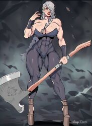 abs axe bare_shoulders black_bodysuit black_nails bodysuit breasts broad_shoulders bursting_breasts choker eyeshadow full_body hair_over_face highres holding holding_axe huge_breasts jujutsu_kaisen lasga_claven makeup mei_mei_(jujutsu_kaisen) muscular muscular_arms muscular_female muscular_legs platform_footwear platform_heels red_eyeshadow redesign simple_background skin_tight sleeveless sleeveless_bodysuit thick_lips thick_thighs thighs timestamp vambraces white_hair