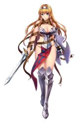 10s 1girl armor armored_boots artist_request bikini_armor black_panties blonde_hair blue_eyes boots braid breasts cleavage female_focus front_braid full_body gauntlets greaves hairband highres holding holding_sword holding_weapon large_breasts leina_(queen&#039;s_blade) long_hair looking_at_viewer no_bra official_art panties pelvic_curtain queen&#039;s_blade queen&#039;s_blade_unlimited redesign revealing_clothes shield shiny_skin side_braids solo standing sword thong twin_braids underwear weapon white_background