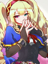 Rule 34 | 1girl, absurdres, aqua eyes, assault lily, asymmetrical gloves, belt, belt buckle, black gloves, black shirt, blonde hair, blue capelet, bracelet, breasts, bridal gauntlets, brown bridal gauntlets, buckle, capelet, chain, chain bracelet, closed mouth, commentary request, cross-laced clothes, cross-laced top, digamma, drill hair, drill sidelocks, fingerless gloves, gloves, gradient background, grey background, hairband, hands up, heterochromia, highres, jewelry, komai sumire, lace-trimmed capelet, lace trim, long hair, looking at viewer, medium breasts, mismatched gloves, neck ribbon, odaiba girls high school uniform, own hands together, pink background, pink belt, pink brooch, pink eyes, purple background, red hairband, red ribbon, ribbon, school uniform, shirt, sidelocks, single fingerless glove, single glove, smile, solo, steepled fingers, twintails, two-tone shirt, upper body, very long hair, white shirt, wristband