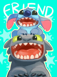 2boys alien animal_ears artist_name black_eyes blue_background blue_fur claws creator_connection dragon english_text fangs furry furry_male green_eyes how_to_train_your_dragon_(series) kadeart lilo_&amp;_stitch looking_at_viewer multiple_boys open_mouth standing_on_another&#039;s_head star_(symbol) stitch_(lilo_&amp;_stitch) toothless