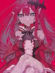 1girl 590kogure590 absurdres baobhan_sith_(fate) baobhan_sith_(first_ascension)_(fate) bare_shoulders breasts center_frills crossed_legs detached_collar detached_sleeves dress earrings fate/grand_order fate_(series) frills grey_eyes highres jewelry large_breasts long_hair looking_at_viewer pink_hair pointy_ears red_dress sidelocks sitting solo thighs tiara