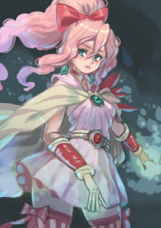 1girl belt bow cape choker closed_mouth dress earrings final_fantasy final_fantasy_iv final_fantasy_iv:_the_after_years hair_bow jewelry kuwango long_hair looking_at_viewer aged_up pink_hair ponytail porom skirt solo thighhighs