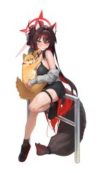 Rule 34 | 1girl, absurdres, animal, animal ear fluff, animal ears, black dress, black hair, black shoes, blue archive, breasts, brown socks, cat, closed mouth, commentary, daehoak, dress, fox ears, fox girl, fox tail, full body, grey jacket, hair between eyes, halo, highres, holding, holding animal, holding cat, jacket, large breasts, long hair, long sleeves, looking at viewer, on railing, railing, red halo, shoes, simple background, single off shoulder, sitting, sneakers, socks, symbol-only commentary, tail, thigh strap, very long hair, wakamo (blue archive), white background, yellow eyes