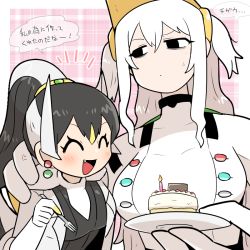 2girls anger_vein arceus black_hair blush breasts cake candle closed_eyes commentary_request creatures_(company) earrings fang food fork game_freak gen_4_pokemon hand_on_another&#039;s_shoulder height_difference jewelry kasugai_(de-tteiu) legendary_pokemon long_hair multicolored_hair multiple_girls mythical_pokemon nintendo open_mouth personification plaid_background pokemon ponytail regigigas sweatdrop translation_request white_hair