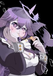 Rule 34 | 1girl, black dress, blush, breasts, bubble, cheese, cheese trail, cleavage, crossed bangs, dress, f yutaro79, facial mark, fins, fish tail, food, hair between eyes, hand on own cheek, hand on own face, heart, heart-shaped pupils, highres, indie virtual youtuber, long hair, maid, megalodon (vtuber), motion blur, pink pupils, purple eyes, purple nails, shark girl, shark tail, symbol-shaped pupils, tail, upper body, virtual youtuber, whisker markings