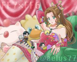 1girl 4boys :o aelys77 aerith_gainsborough aerith_gainsborough_(terra&#039;s_garb) angeal_hewley angeal_hewley_(cyan&#039;s_attire) black_hair blonde_hair blue_eyes blush brown_hair cape character_doll chibi chibi_on_breast chocobo cloud_strife cloud_strife_(locke&#039;s_outfit) cosplay cyan_garamonde cyan_garamonde_(cosplay) dress earrings edgar_roni_figaro edgar_roni_figaro_(cosplay) final_fantasy final_fantasy_vi final_fantasy_vii final_fantasy_vii_ever_crisis grey_hair hair_ribbon holding jewelry locke_cole locke_cole_(cosplay) long_hair moogle multiple_boys official_alternate_costume pantyhose polka_dot polka_dot_legwear ponytail print_pantyhose red_sleeves ribbon sabotender sash sephiroth sephiroth_(edgar&#039;s_attire) sephiroth_(ever_crisis) strapless strapless_dress stuffed_animal stuffed_toy terra_branford_(cosplay) tifa_lockhart tina_branford tube_dress twitter_username waist_sash yellow_cape zack_fair