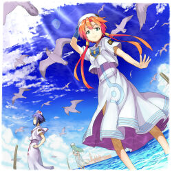 3girls aika_granzchesta alice_carroll aria_(manga) aria_company_uniform arm_up arms_behind_back beret bird blue_bow blue_bowtie blue_gloves blue_hair blue_sky bow bowtie closed_mouth cloud cloudy_sky day dress dutch_angle eyelashes feet_out_of_frame floating_island gloves green_eyes green_hair hands_on_own_hips hat himeya_company_uniform long_hair mizunashi_akari multiple_girls ocean orange_planet_uniform outdoors pink_hair sailor_collar seagull short_hair short_hair_with_long_locks side_slit sidelocks single_glove sky smile tomitayaki wading water white_dress white_hat