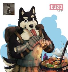 1boy :t animal_ears armor black_eyes black_fur blue_background body_fur breastplate brown_bag closed_mouth commentary dog_ears dog_tail dungeon_meshi eating english_commentary food furry furry_male gauntlets hands_up highres holding holding_food kuro_(dungeon_meshi) ladle looking_at_viewer luck_like male_focus meat raised_eyebrow reference_inset stew tail tail_wagging white_background white_fur