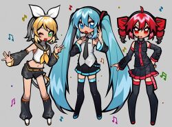 3girls ahoge arm_at_side belt black_leg_warmers black_necktie black_shirt black_shorts black_skirt black_sleeves black_thighhighs blue_eyes blue_hair blush bow breast_pocket buttons coat collared_shirt cropped_shirt detached_sleeves double-parted_bangs drill_hair flat_chest green_eyes grey_background hair_between_eyes hair_bow hand_on_own_hip hands_up hatsune_miku headphones kagamine_rin kakosa_sama kasane_teto kasane_teto_(utau) leg_warmers long_hair looking_at_viewer microphone midriff multiple_girls musical_note navel necktie one_eye_closed open_mouth orange_belt pleated_skirt pocket red_eyes sailor_collar shirt shoes short_shorts shorts simple_background skirt skirt_set sleeveless sleeveless_shirt thighhighs twin_drills twintails utau v very_long_hair vocaloid white_bow white_coat white_shoes