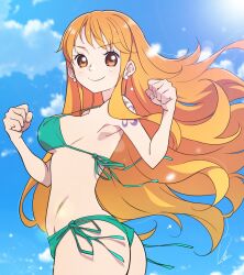 Rule 34 | 1girl, armpit peek, ass, bare arms, bare shoulders, bikini, blue sky, breasts, brown eyes, clenched hands, closed mouth, cloud, cloudy sky, commentary request, cowboy shot, earrings, from side, green bikini, halterneck, highres, ibispaint (medium), jewelry, large breasts, light blush, long hair, looking at viewer, nami (one piece), one piece, orange hair, outdoors, pearl earrings, shoulder tattoo, side-tie bikini bottom, signature, single sidelock, sky, smile, solo, stomach, swimsuit, tattoo, wavy hair, yas (yosiyasuyasu)