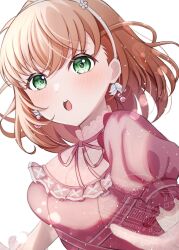 Rule 34 | 1girl, :o, alt text, commentary request, dress, earrings, flower earrings, flower hairband, frilled dress, frills, green eyes, hairband, highres, hinoshita kaho, jewelry, light particles, link! like! love live!, looking at viewer, love live!, medium hair, official alternate costume, open mouth, orange hair, pink dress, puffy short sleeves, puffy sleeves, reflection in the mirror (love live!), ryuuka (moriryuuuuu24), short sleeves, simple background, solo, teeth, two side up, upper body, upper teeth only, virtual youtuber, watermark, white background, white hairband