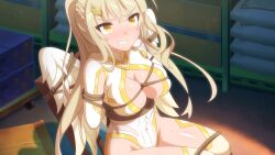 1girl angry blonde_hair bodysuit chair clenched_teeth feathered_wings gabriel_(sakura_cupid) game_cg gloves looking_at_another official_art ponytail sakura_cupid teeth tied_to_chair wanaca warehouse white_bodysuit wings yellow_eyes