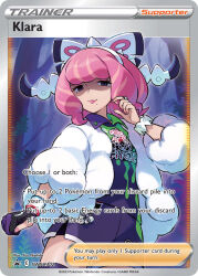 Rule 34 | :3, artist name, bow, bracelet, card (medium), character name, closed mouth, coat, collared shirt, company name, copyright name, copyright notice, cowboy shot, dynamax band, english text, eyelashes, hair bow, hairband, jewelry, klara (pokemon), long sleeves, medium hair, mole, mole under mouth, nail polish, nintendo, nishida yuu, official art, outdoors, pink hair, pink lips, pink nails, pokemon, pokemon card, pokemon swsh, pokemon tcg, puffy coat, purple shorts, ring, shirt, shorts, smile, thighhighs, third-party source, trading card, tree, two-tone shirt, white bow, white coat, white hairband
