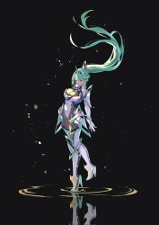 1girl armor armored_bodysuit boots breasts chest_jewel closed_eyes core_crystal_(xenoblade) earrings green_hair headpiece hehe_jun high_heel_boots high_heels highres jewelry large_breasts long_hair pneuma_(xenoblade) ponytail reflection reflective_water solo swept_bangs tiara very_long_hair xenoblade_chronicles_(series) xenoblade_chronicles_2