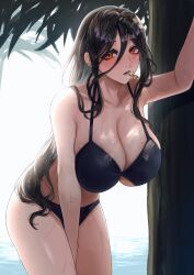 1girl bare_shoulders bikini black_bikini breasts brown_hair cleavage collarbone day eyes_visible_through_hair grey_hair hair_ornament hair_over_one_eye highres large_breasts long_hair looking_at_viewer multicolored_hair navel nekotokage nijisanji ocean open_mouth orange_eyes outdoors shirayuki_tomoe solo swimsuit virtual_youtuber water_drop wet wet_hair