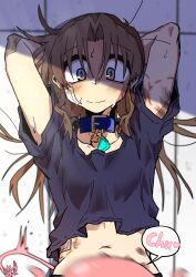 1girl absurdres against_wall animal arms_behind_back bandaid bandaid_on_cheek bandaid_on_face blue_shirt blush brown_hair bruise bruise_on_arm closed_mouth ed-chan_(edkuroki) edkuroki gauze gauze_on_cheek gauze_on_hip grey_eyes hair_intakes hickey highres injury kiss kissing_stomach long_hair looking_down messy_hair navel nervous_sweating octopus original pink_bandaid sexually_suggestive shirt signature speech_bubble sweat wavy_mouth