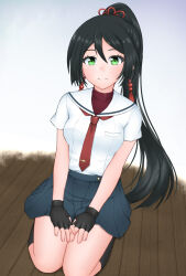 Rule 34 | 1girl, aoi hito, black gloves, black hair, black socks, cinderella series, closed mouth, fingerless gloves, full body, gloves, green eyes, grey skirt, hachigatsu no cinderella nine, hair between eyes, hands on own thighs, high ponytail, highres, indoors, kneehighs, long hair, looking at viewer, necktie, paid reward available, pleated skirt, ponytail, red necktie, red undershirt, sailor collar, satogahama school uniform, school uniform, seiza, shirt, shirt under shirt, short sleeves, sitting, skirt, smile, socks, solo, tsukahara shizuku, white background, white sailor collar, white shirt, wooden floor