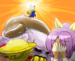 1boy 2girls arm_up blonde_hair blue_dress catfish combat_wakamoto_(kouryokutei) covering_own_eyes dress faceless facepalm fish hair_ribbon hat hisou_tensoku long_hair mecha multiple_girls namazu_(touhou) orange_background pointing ponytail purple_hair ribbon robot standing touhou unconscious unzan watatsuki_no_toyohime watatsuki_no_yorihime x_x