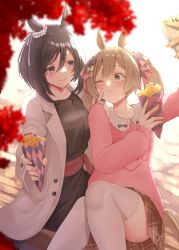 2girls animal_ears black_dress black_hair blue_eyes blush bow brown_eyes brown_hair brown_skirt buttons cellphone closed_mouth coat crepe dress eishin_flash_(umamusume) food hair_bow highres holding holding_crepe holding_food holding_phone horse_ears horse_girl horse_tail long_hair long_sleeves multiple_girls narushima_kanna one_eye_closed open_clothes open_coat phone pink_bow pink_shirt pleated_skirt purple_bow shirt short_hair signature skirt smart_falcon_(umamusume) smartphone smile tail twintails umamusume white_coat yellow_bow