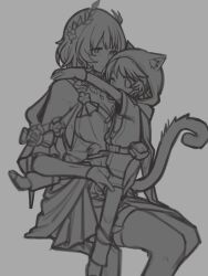2girls age_difference aglaea_(honkai:_star_rail) animal_ear_fluff animal_ear_hood animal_ears arms_around_neck bare_legs belt belt_pouch breasts brooch cat_ears cat_girl cat_tail cipher_(honkai:_star_rail) cipher_(in_pursuit_of_the_wind)_(honkai:_star_rail) cleavage clothed_sex dress fake_animal_ears fingering flower flower_brooch gloves hair_flower hair_ornament hand_on_another&#039;s_shoulder hand_under_clothes hand_under_shorts highres honkai:_star_rail honkai_(series) hood hood_up jewelry laurel_crown loli monochrome multiple_girls necklace on_lap onee-loli pouch sapo_(bananilsonfarofa) short_hair shorts sitting sketch spread_legs tail tunic yuri
