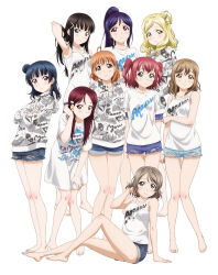 6+girls ahoge aqua_eyes artbook barefoot black_hair blonde_hair blue_eyes blue_hair blush brown_hair clothes_writing cutoffs denim denim_shorts full_body grey_hair hair_bun hair_ornament hairclip hand_in_own_hair highres kunikida_hanamaru kurosawa_dia kurosawa_ruby long_hair looking_at_viewer love_live! love_live!_sunshine!! matsuura_kanan mole mole_under_mouth multiple_girls non-web_source official_art ohara_mari orange_hair ponytail purple_eyes purple_hair red_eyes red_hair sakurauchi_riko shirt short_hair short_shorts shorts simple_background smile standing takami_chika torn_clothes tsushima_yoshiko two_side_up watanabe_you white_background yellow_eyes