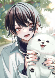 1boy animal bandaid bandaid_on_cheek bandaid_on_face black_hair black_nails blush brown_eyes commentary day dog hair_between_eyes highres holding holding_animal jacket jewelry looking_at_viewer male_focus nail_polish necklace open_mouth original outdoors pomeranian_(dog) ring short_hair smile solo suzaku_(zaku6584) turtleneck upper_body white_jacket