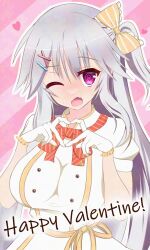 1girl @_@ adversarial_noise alternate_costume blush bow bowtie breasts buttons commentary_request cowboy_shot double-breasted dress embarrassed eyes_visible_through_hair fang four-finger_heart_hands frilled_bow frilled_gloves frills gloves grey_hair hair_between_eyes hair_bow hair_ornament hairclip hanasaki_work_spring hands_up happy_valentine heart heart_hands highres large_breasts long_hair looking_at_viewer mrkms612 nose_blush one_eye_closed one_side_up open_mouth outline pink_background pink_eyes puffy_short_sleeves puffy_sleeves red_bow red_bowtie shiranui_inori short_sleeves sidelocks simple_background skin_fang solo striped_bow striped_bowtie striped_clothes sweatdrop very_long_hair waitress white_dress white_gloves white_outline x_hair_ornament yellow_bow