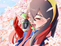 1girl :d black_hair blue_jacket blurry carmine_(pokemon) cherry_blossoms closed_eyes commentary_request crossed_bangs day eyelashes flower game_freak gen_8_pokemon gloves hairband hand_up happy highres jacket mole mole_under_eye multicolored_hair ninkou_tan nintendo open_mouth outdoors pokemon pokemon_sv red_gloves red_hair sinistea smile spring_(season) teeth tongue two-tone_hair watermark yellow_hairband
