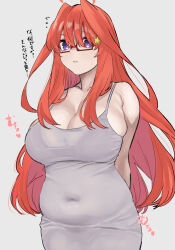 Rule 34 | 1boy, absurdres, ahoge, arms behind back, bare shoulders, breasts, cleavage, closed mouth, collarbone, covered navel, cowboy shot, dress, frown, glasses, go-toubun no hanayome, grey background, grey dress, hair ornament, highres, large breasts, long hair, marimo 625, nakano itsuki, plump, purple eyes, red-framed eyewear, red hair, semi-rimless eyewear, shiny skin, simple background, sleeveless, sleeveless dress, solo, star (symbol), star hair ornament, teardrop, very long hair