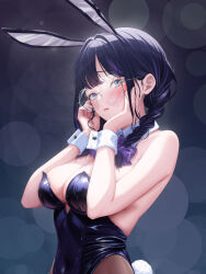 1girl animal_ears arisa_(charon_universe) bare_shoulders black_leotard blue_eyes blurry blush bokeh bow braid breasts charon_universe cleavage covered_navel depth_of_field detached_collar embarrassed fake_animal_ears fake_tail glasses hair_bow hair_over_shoulder hands_up highleg highleg_leotard highres leotard long_hair looking_at_viewer medium_breasts multicolored_hair myomomoo playboy_bunny purple_hair rabbit_ears rabbit_tail rimless_eyewear round_eyewear single_braid solo strapless strapless_leotard streaked_hair tail upper_body virtual_youtuber wrist_cuffs