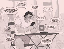 1boy 3others absurdres arm_hair bad_tag bara blush cup embarrassed english_text facial_hair ghangaji highres holding holding_phone leg_hair looking_at_phone male_focus monochrome multiple_others muscular muscular_male original phone shorts sitting sketch solo_focus spilling stubble v-neck wide-eyed