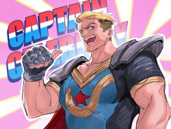1boy absurdres blonde_hair blue_eyes boku_no_hero_academia cape captain_celebrity character_name cleft_chin commentary english_commentary fingerless_gloves gloves highres male_focus muscular muscular_male olivetart pointing_with_thumb red_cape short_sleeves solo upper_body vigilante_-boku_no_hero_academia:_illegals-