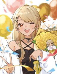 1girl ;d asymmetrical_bangs balloon blonde_hair blush bouquet brown_eyes chibi dark-skinned_female dark_skin earrings fingernails flower hair_ornament happy_birthday highres holding holding_bouquet jacket jewelry kaminari_qpi long_fingernails looking_at_viewer nail_polish off_shoulder one_eye_closed open_clothes open_jacket open_mouth orange_nails smile solo teeth unimaru_go upper_body upper_teeth_only v virtual_youtuber vspo! white_jacket x_hair_ornament yellow_flower