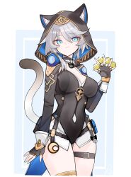 1girl :3 absurdres animal_ear_fluff animal_ears animal_hood aqua_eyes belt black_gloves black_hood blue_eyes breasts cat_ears cat_girl cat_hood cat_tail cipher_(honkai:_star_rail) cleavage coin commentary_request cowboy_shot error1980 fingerless_gloves gloves gold_coin grey_hair highres holding holding_coin honkai:_star_rail honkai_(series) hood hooded_leotard large_breasts looking_at_viewer mole mole_on_breast short_hair_with_long_locks shorts smile solo tail thigh_belt thigh_strap thighs white_shorts yellow_nails