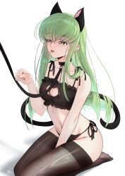 1girl :p absurdres animal_ears black_bra black_collar black_thighhighs bra breasts budgiepon c.c. cat_cutout cat_ears cat_lingerie cat_tail cleavage_cutout clothing_cutout code_geass collar commentary_request green_hair highres leash medium_breasts meme_attire solo tail thighhighs tongue tongue_out underwear yellow_eyes