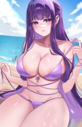 1girl absurdres artist_name ayrinsama beach bikini bikini_top_lift blue_sky blunt_bangs blush breasts cleavage closed_mouth clothes_lift cloud cloudy_sky collarbone curvy eyebrows_hidden_by_hair fern_(sousou_no_frieren) half_updo highres large_breasts long_bangs long_hair looking_at_viewer navel ocean purple_bikini purple_eyes purple_hair ribbon-trimmed_bikini ribbon_trim signature sitting sky solo sousou_no_frieren swimsuit tan tanline thick_thighs thighs untied_bikini_bottom very_long_hair