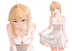 Rule 34 | 1girl, absurdres, aged up, ahoge, babywipes, breasts, commentary, cowboy shot, dress, english commentary, eyelashes, green eyes, highres, large breasts, leaning forward, looking at viewer, multiple views, mushoku tensei, norn greyrat, sidelocks, simple background, skirt hold, smile, spaghetti strap, thighs, upper body, white background, white dress