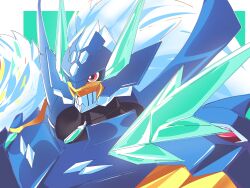 absurdres armor blue_armor blue_helmet border digimon digimon_(creature) green_background helmet hexeblaumon highres ice knight long_hair notaventura red_eyes solo white_border white_hair