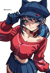 1girl absurdres adjusting_clothes adjusting_headwear animal_ear_headwear animal_ears blue_eyes blue_gloves blue_hair blue_skirt breasts bright_pupils newsboy_cap cat_ears choker closed_mouth collarbone commentary cool_mita_(miside) cowboy_shot crop_top cropped_sweater fake_animal_ears gloves hat highres komatsuki_n long_sleeves looking_at_viewer medium_breasts medium_hair midriff miside mita_(miside) navel pleated_skirt red_choker red_sweater red_thighhighs simple_background skirt smile solo standing sweater thighhighs twitter_username white_background white_pupils