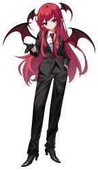 adapted_costume bat_wings black_gloves black_jacket black_shoes black_wings breasts buttons commentary_request dot_nose dress_shirt full_body gloves hand_on_own_hip head_tilt head_wings high_heels highres jacket kinamielise koakuma long_hair looking_at_viewer medium_breasts necktie pointy_ears red_eyes red_hair red_necktie shirt shoes sidelocks simple_background skirt skirt_set smile split_mouth tachi-e touhou transparent_background very_long_hair wings