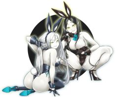 Rule 34 | 2girls, abyssal ship, alternate costume, animal ears, aqua bow, aqua bowtie, ass, black footwear, black gloves, black hair, black hairband, black leotard, blue footwear, blue hairband, blue leotard, bow, bowtie, breasts, colored skin, covered navel, detached collar, fake animal ears, gloves, hair between eyes, hairband, half gloves, high heels, highleg, highleg leotard, kantai collection, large breasts, leotard, long hair, looking at viewer, multiple girls, parted bangs, playboy bunny, rabbit ears, rabbit tail, ru-class battleship, side-tie leotard, spread legs, squatting, strapless, strapless leotard, ta-class battleship, tail, udukikosuke, very long hair, white hair, white skin, wrist cuffs, yellow eyes