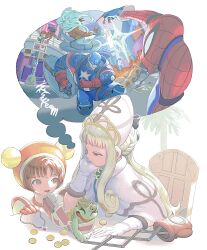 blonde_hair boxing_gloves brown_hair captain_america captain_america_(series) chair coin doctor_doom fantastic_four fighting gold_coin gouketsuji_ichizoku hananokouji_kurara hat headdress helmet highres jewelry kamala_khan marvel marvel_tokon:_fighting_souls matrimelee ms._marvel name_connection necklace princess_sissy shield sitting speech_bubble spider-man spider-man_(series) steve_rogers storm_(x-men) thought_bubble tiara unworn_jewelry unworn_necklace x-men zinguuzisaburou
