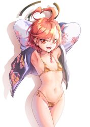1girl absurdres ahoge armpits arms_behind_head bikini blue_archive braid breasts fang floral_print floral_print_jacket gold_bikini hair_tie halo highres huge_ahoge jacket mole mole_under_each_eye mole_under_eye multiple_moles navel neru_(blue_archive) open_clothes open_jacket open_mouth orange_hair red_eyes rutax_xark short_hair side-tie_bikini_bottom side_braid small_breasts smile solo standing sukajan swimsuit white_background wide_hips
