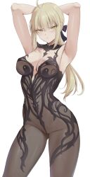 1girl absurdres ahoge armpits arms_up artoria_pendragon_(fate) black_ribbon blonde_hair breasts fate/grand_order fate_(series) hair_ribbon highres kakeku long_hair looking_at_viewer low_ponytail medium_breasts ponytail ribbon saber_alter sidelocks solo thighs yellow_eyes