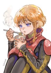 1girl cup cup_ramen disposable_cup fork gundam gundam_zz highres holding holding_fork legs_together looking_at_food okrdisk2000 orange_hair purple_eyes puru_two solo steam white_background