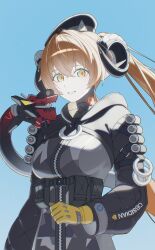 1girl absurdres black_hat dragon_girl dragon_horns dragon_tail gloves hat highres horns long_hair magus_(zenless_zone_zero) mechanical_tail orange_hair orange_pupils orpheus_(zenless_zone_zero) smile tail upper_body ushi_ebi yellow_gloves zenless_zone_zero