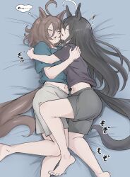 2girls agnes_tachyon_(umamusume) ahoge animal_ears barefoot bed black_hair black_shirt blue_shirt brown_hair closed_eyes clothing_cutout commentary_request cuddling full_body highres horse_ears horse_girl horse_tail hug long_hair manhattan_cafe_(umamusume) messy_hair midriff miya_nns35 multicolored_hair multiple_girls navel on_bed open_mouth shirt short_hair short_sleeves shorts sleeping speech_bubble streaked_hair tail tail_through_clothes thought_bubble translation_request umamusume white_hair white_shorts yuri