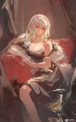 1girl alcohol arm_rest black_dress blonde_hair bracelet breasts brown_eyes chinese_commentary cleavage cocktail_dress cocktail_glass couch cup curtains dress drinking_glass elbow_gloves fanged_bangs feather_boa feet_out_of_frame gloves highres indoors jewelry looking_at_viewer medium_hair multicolored_hair necklace original pov pov_hands riviere_(necklace) shiling single-shoulder_dress single_bare_shoulder single_glove sitting smile solo spaghetti_strap streaked_hair watermark weibo_watermark white_gloves white_hair