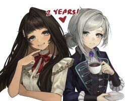 2girls albadove anniversary black_coat black_hair black_vest blunt_bangs bow bowtie closed_mouth coat collared_shirt cup dress finger_to_mouth grey_eyes grin hair_bun hand_up highres holding holding_cup holding_saucer long_hair looking_at_viewer mole mole_under_eye multiple_girls oc_x_canon original red_bow red_bowtie reverse:1999 saucer shirt short_hair short_sleeves side-by-side single_side_bun smile teacup teeth upper_body vertin_(reverse:1999) vest waistcoat white_background white_dress white_shirt